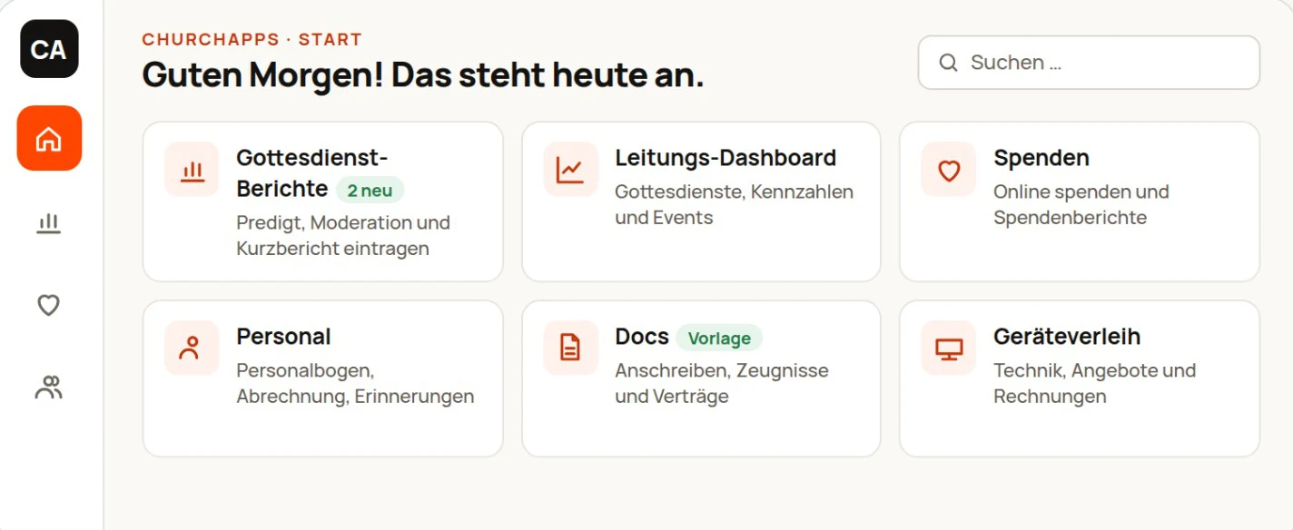 Startseite von ChurchApps mit Kacheln für Gottesdienst-Berichte, Leitungs-Dashboard, Spenden, Personal, Docs und Geräteverleih